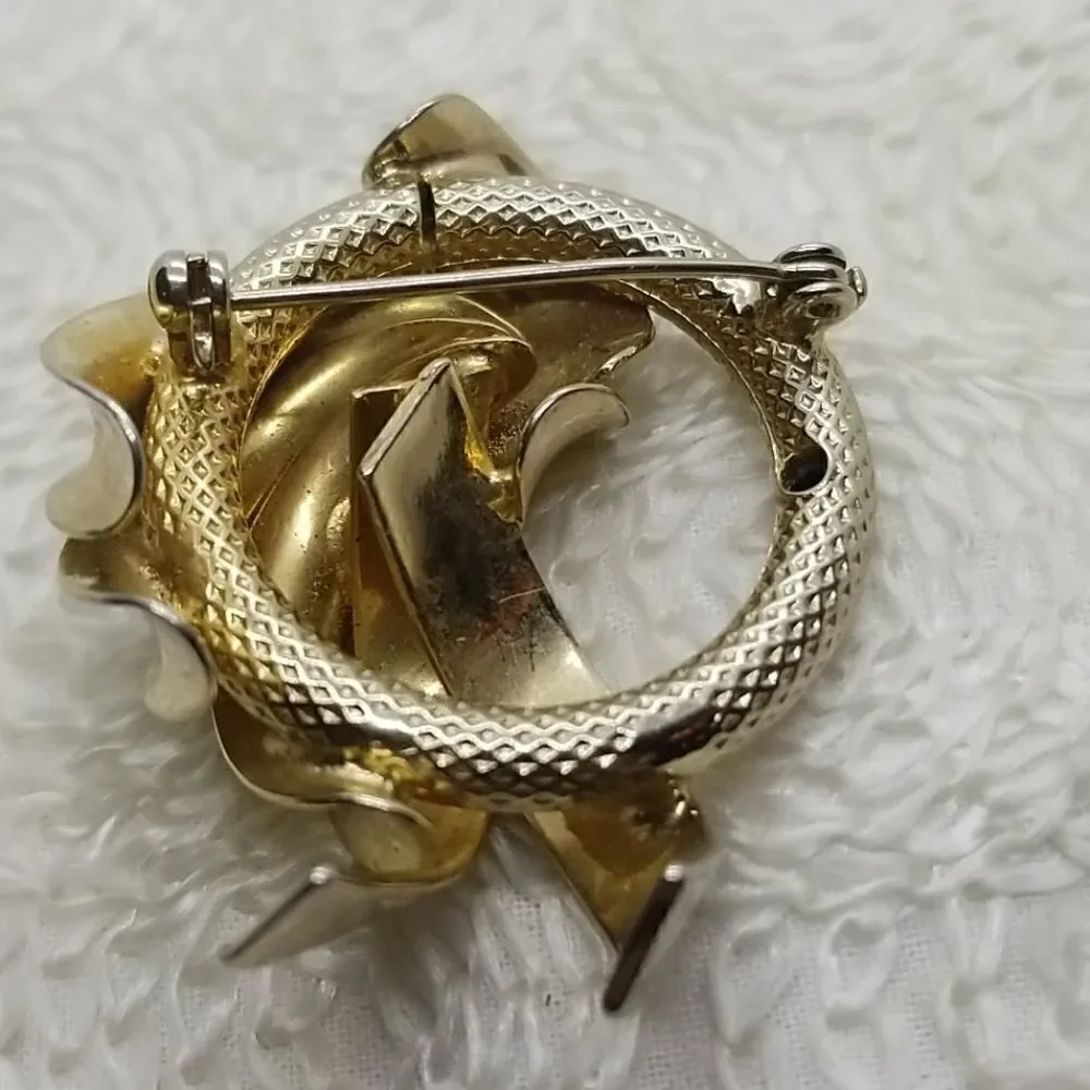 Gold Circle Pin Brooch  wrapped by gold tone ribbon style